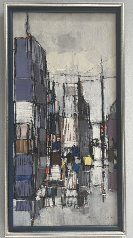 Max Gunther (1934-1974) Abstractionist Org. Textural Cityscape Oil on Canvas " Missed the Bus" 1960 (1 of 8)
