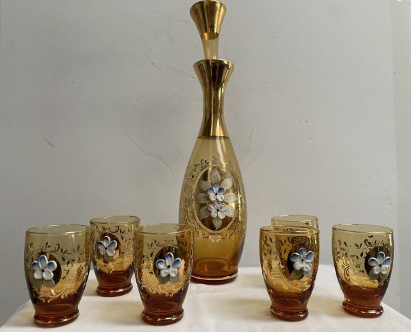 CHECH BOHEMIAN GLASS HAND PAINTED DECANTER AND 6 GLASSES: CHECH BOHEMIAN GLASS HAND PAINTED DECANTER AND 6 GLASSES , in house shipping $21.87 free pick up