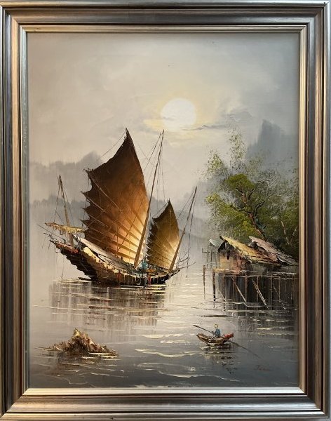 VINTAGE CHINESS JUNKET BOAT IN THE HARBOR OIL ON CANVAS SIGNED JEAN 22 X 27: VINTAGE CHINESS JUNKET BOAT IN THE HARBOR OIL ON CANVAS SIGNED JEANIN HOUSE SHIPPING $100 FREE PICK UP THERE IS WRITING ON THE REAR OF THE CANVAS ABOUT THE ARTIST, WE COLD NOT SEE IT WELL
