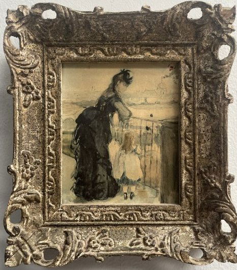 ATTRIBUTED TO BERTHE MORISOT SMALL OIL ON BOARD CIRCA 1920S: ATTRIBUTED TO BERTHE MORISOT SMALL OIL ON BOARD CIRCA 1920S"ON THE TERRACE" 8.5 X 9.5 PROVENANCE CATALDA FINE ARTS NY IN HOUSE SHIPPING $100 FREE PICK UP