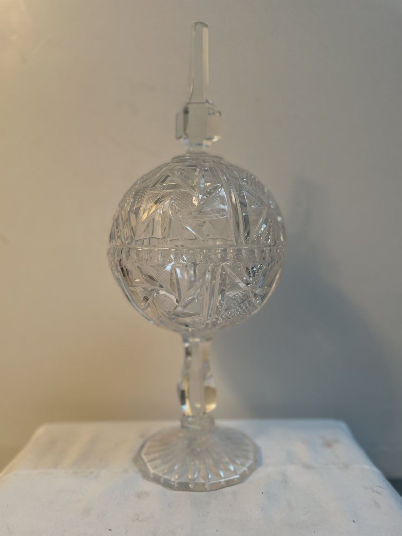 LARGE CUT CRYSTAL GLOBE TYPE CANDY/ NUT DISH  STANDS 15 INCH TALL (1 of 3)