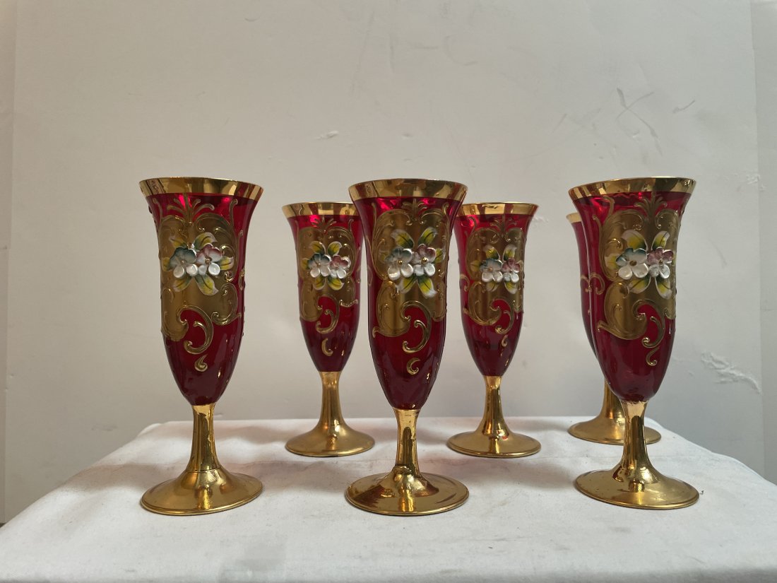 6 RUBY RED 22K GOLD HAND PAINTED BOHEMIAN STYLE CORGIL GLASSES (1 of 6)