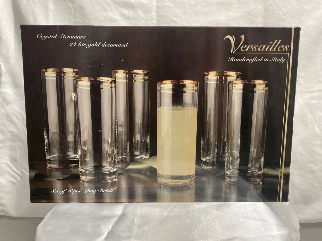 VINTAGE VERSILLES ITALY 24K GOLD RIM CRYSTAL TUMBLER LONG DRINK SET 6 (1 of 2)