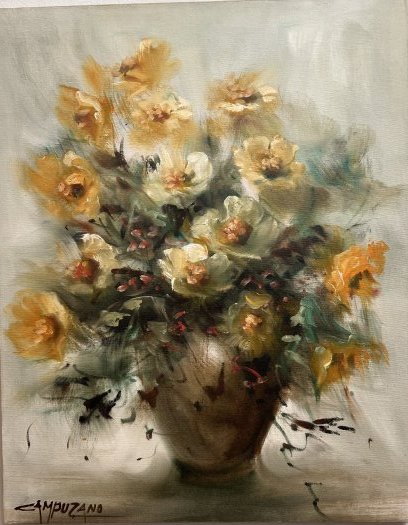 OIL ON CANVAS BY JOSE LUIS CAMPUZANO (1918-1979) MID CENTURY MODERN CIRCA 1960s: OIL ON CANVAS BY JOSE LUIS CAMPUZANO (1918-1979) MID CENTURY MODERN CIRCA 1960s. THE ART IS UNFRAMED 24 X 30 SIGNED LOWER LEFT. JOSE CAMPUZANO HAS A REPUTATION FOR HIS ABSTRACT SCENES. IN HOUSE SHIPPI