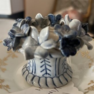 CERMAIN FLOWER ENCRUSTED CANDLE HOLDER SIGNED BY THE ARTIST "KEN": CERMAIN FLOWER ENCRUSTED CANDLE HOLDER SIGNED BY THE ARTIST "KEN" 2 INCH TALL IN HOUSE SHIPPING $15