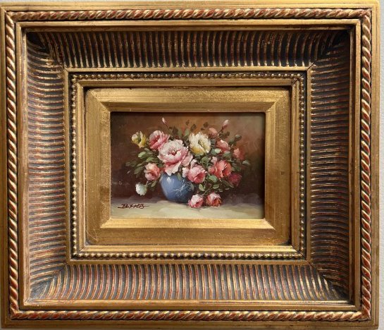 SMALL OIL ON BOARD SIGNED "B. THS " VINTAGE FRAME OLD AUCTION STICKER ON REAR: SMALL OIL ON BOARD SIGNED "B. THS " VINTAGE FRAME OLD AUCTION STICKER ON REAR IN HOUSE SHIPPING $100 FREE PICK UP
