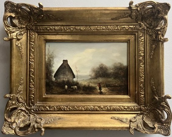 A European Farm House Attributed to Carlos Fui (French) Beautiful heavy golden wood Frame: A European Farm House Attributed to Carlos Fui (French) Beautiful heavy golden wood Frame. Signed lower right. Image 9 x 13 framed 23 x 18. in house shipping $175 free pick up