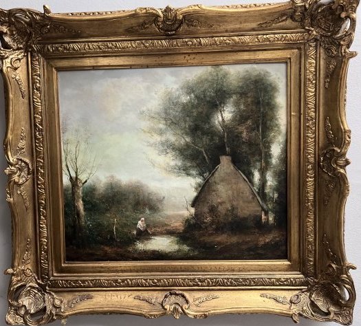 A Lake at a Clearing attributed to Carlos Fui (French) Beautiful heavy golden wood Frame: A Lake at a Clearing Attributed to Carlos Fui (French) Beautiful heavy golden wood Frame Signed lower right Image 9 x 13 framed 23 x 18 in house shipping $175 free pick up