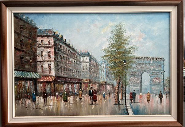 LARGE OIL ON CANVAS BY T CARSON PARIS STREET SCENE  40 X 29 (1 of 7)