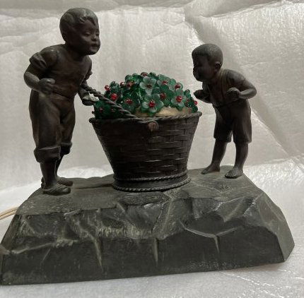 RARE EUROPEAN BRONZE 2 BOYS LOOKING AT A FLOWER BASKET  LAMP (1 of 4)