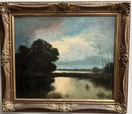 OLD MASTERS FLORIDA LAKE VINTAGE CIRCA 1950s FRAMED OIL PAINTING: OLD MASTERS FLORIDA LAKE VINTAGE CIRCA 1950s FRAMED OIL PAINTING 26 X 30 , IN HOUSE SHIPPING $100 FREE PICK UP