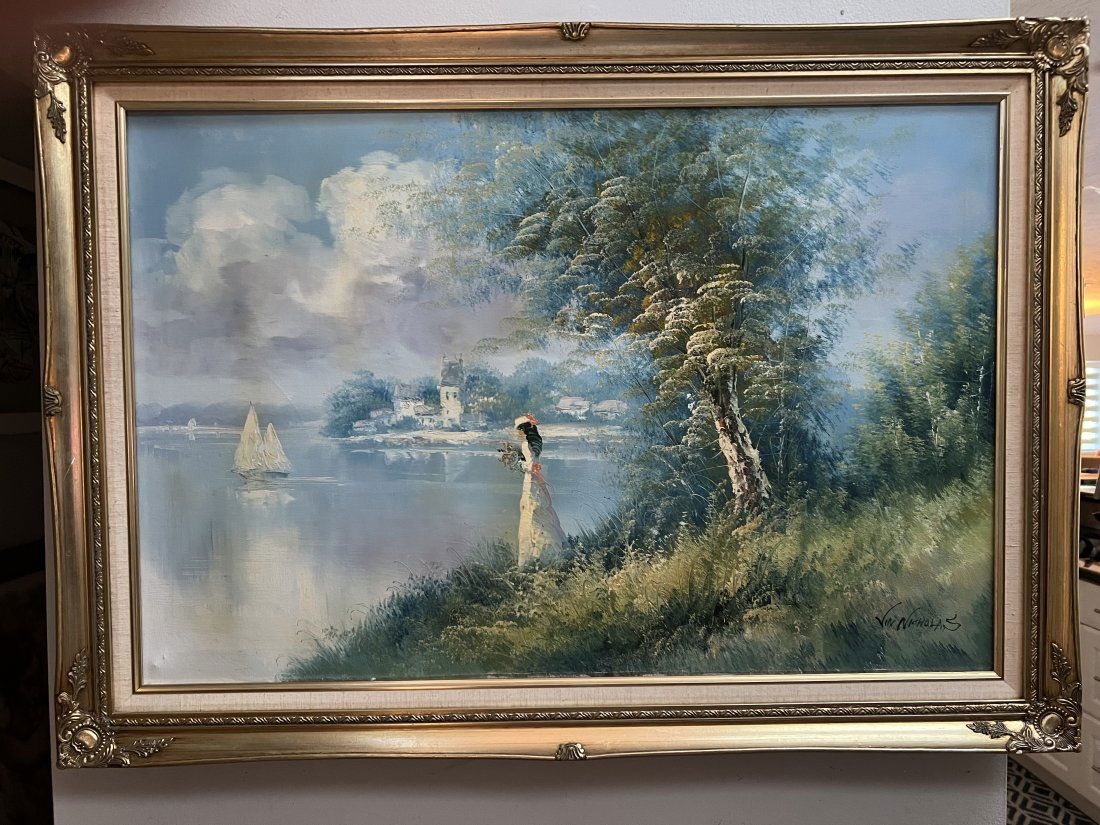 STUNNING VIN NICHOLAS OIL ON CANVAS FRAMED A BEAUTIFUL WOMAN ON THE LAKE THIS SPRING DAY (1 of 4)