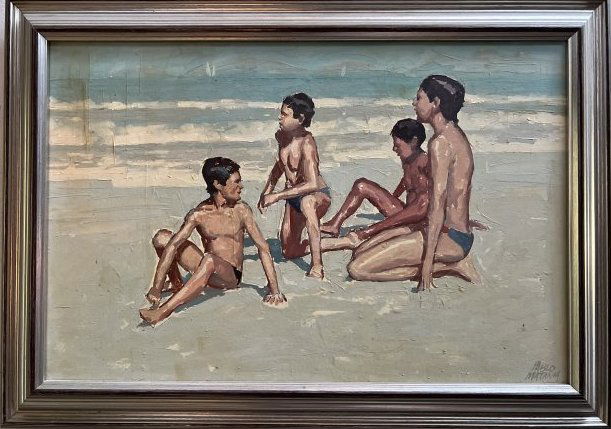 Pablo Matania (Brazil,Argentina,b 1936) oil painting four boys at the beach framed (1 of 3)