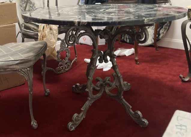 19TH CENTURY STYLE FRENCH GARDEN TABLE WITH METAL BASE AND GRANITE TOP WITH 4 METAL CHAIRS (1 of 7)