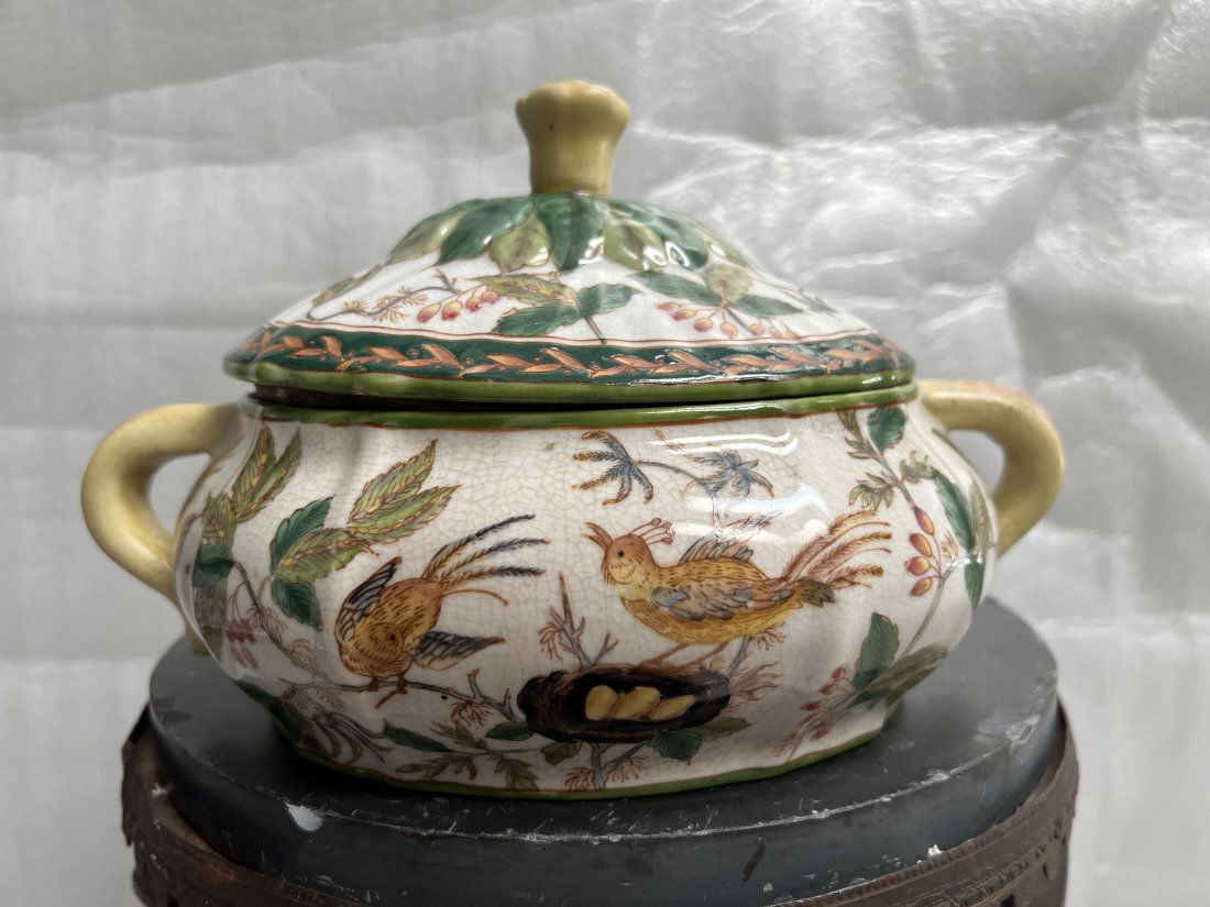 TRINKET / CANDY DISH WITH BIRDS AND FLOWERS WITH LID  6" TALL 10" WIDE (1 of 4)