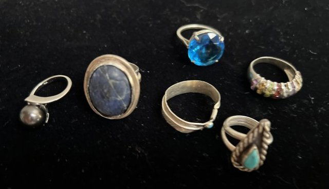 SIX (6) RINGS 1- LARGE SOLALITE OVAL STEARLING SILVER RING, 1- TURQUOISE RING , 1- STERLING NAVAJO (1 of 3)