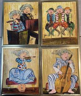 4 OIL ON CANVAS FRAMED PAINTINGS OF MUSISIANS AND CUSTOMERS SIGNED BY THE ARTOIST jAN, 10 X 9 EACH: 4 OIL ON CANVAS FRAMED PAINTINGS OF MUSISIANS AND CUSTOMERS SIGNED BY THE ARTIST jAN ATTRIBUTED TO Jan Balet, 10 X 9 EACH IN HOUSE SHIPPING $30 FREE PICK UP