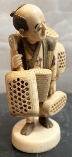 JAPANESE CARVED BONE OKIMONE "BASKET SELLER" 5" TALL: JAPANESE CARVED BONE OKIMONE "BASKET SELLER" 5" TALL IN HOUSE SHIPPING $20 FREE PICK UP