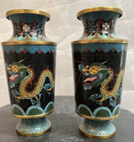 SET OF ANTIQUE CHINESE CLOISONNE VASES IMPERIAL DRAGON RARE SHAPE  STAND 14 CM (1 of 4)