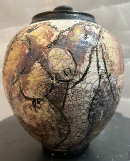 MARK CHATTERLEY AMERICAN 20TH CENTURY RAKU COVERED JAR SIGNED BY THE ARTIST 7.5" TALL (1 of 3)