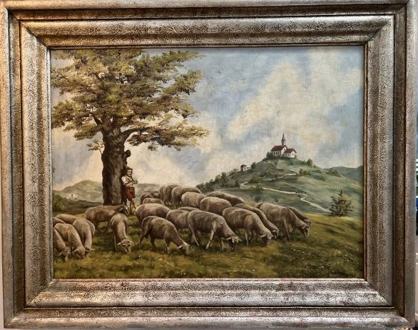 Heinrich Rettig (1859-1921) Large oil on board, German church in the distance 40 x 32: DESCRIPTION: Heinrich Rettig (1859-1921) Large oil on board, German church in the distance 40 x 32 great detail in the earl 20th century painting, in the original vintage wood frame , the family impor