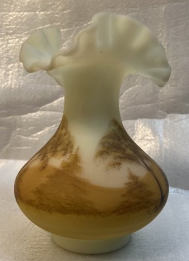 VINTAGE FENTON HAND PAINTED LOG CABIN RUFFLED VASE HAND SIGNED BY ARTIST STANDS 7" 6" WIDE: VINTAGE FENTON HAND PAINTED LOG CABIN RUFFLED VASE HAND SIGNED BY ARTIST STANDS 7" 6" WIDE IN HOUSE SHIPPING $30 FREE PICK UP