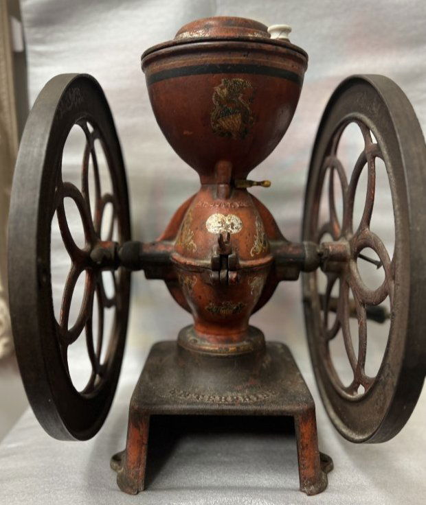 ANTIQUE 1873 ENTERPRISE CAST IRON DOUBLE WHEEL HAND CRANK COFFEE  GRINDER SWIFT MILL STANDS 20" (1 of 7)
