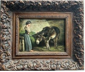 A WOMEN WITH HER DONKEY OIL ON BOARD ATTRIBUTED LUDWIG CORREGGIO 21 X 25: A WOMEN WITH HER DONKEY OIL ON BOARD ATTRIBUTED LUDWIG CORREGGIO 21 X 25 IN HOUSE SHIPPING $150 FREE PICK UP