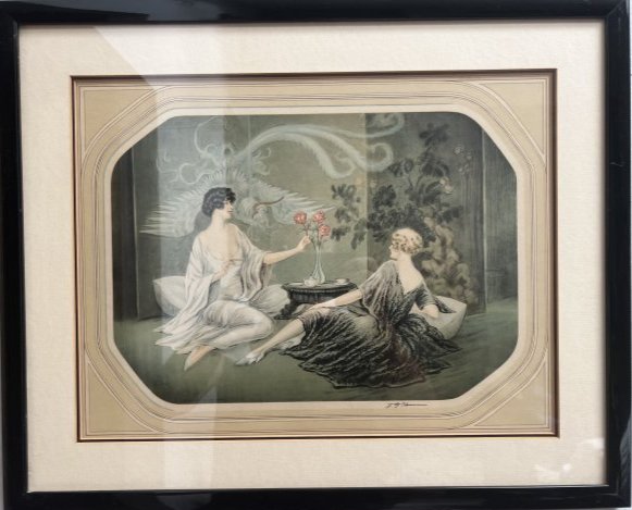F.G. HENRI VINTAGE 1930's DECO BOUDOIR ART"TWO WOMEN" SIGNED LOWER RIGHT: F.G. HENRI VINTAGE 1930's DECO BOUDOIR ART"TWO WOMEN" SIGNED LOWER RIGHT INMARE 16" X 12" FRAMED MATTED 22" X 18" FROM A PALM BEACH ESTATE