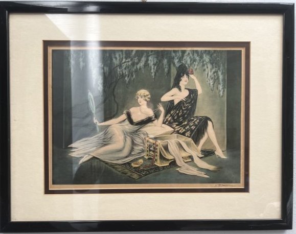 F.G. HENRI VINTAGE 1930's DECO ART BOUDOIR ART" TWO WOMEN": F.G. HENRI VINTAGE 1930's DECO ART BOUDOIR ART" TWO WOMEN" INAGE 15" X 10.5" FRAMED MATTED 22" X 17"