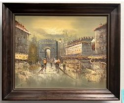 Centennial school old masters oil on canvas bike racers in Paris signed Harold 23 x 19: Centennial school old masters oil on canvas bike racers in Paris signed Harold 23 x 19 IN HOUSE SHIPPING $60 FREE PICK UP