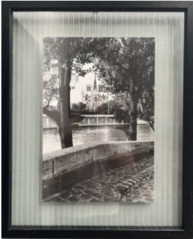 CLAY DAVIDSON PHOTOGRAPHER " NOTRE DAME" SOMEWHERE TO GO, ART SANDWICHED IN BETWEEN GLA: DESCRIPTION: CLAY DAVIDSON PHOTOGRAPHER " NOTRE DAME" SOMEWHERE TO GO, ART SANDWICHED IN BETWEEN GLASS CIRCA: LATE 20th Century ORIGIN: AMERICA DIMENSIONS: Image H: 15" W: 10", & Frame H: 17.25" W: 24