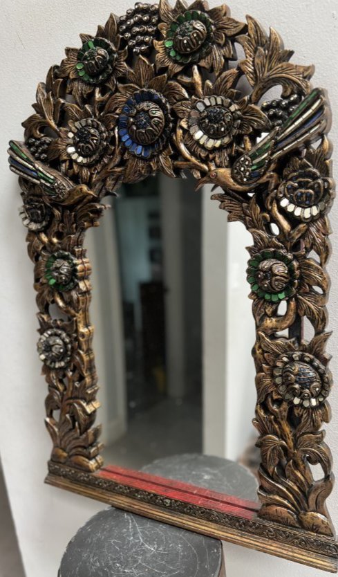 STUNNING HAND CARVED WOOD FRAME WITH MIRROR BALI: STUNNING HAND CARVED WOOD FRAME WITH MIRROR BALI 33" TALL X 23 " WIDE