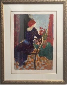 Roy Fairchild-Woodard (English b. 1953) 26 X 33 FRAMED MATTED UNDER GLASS: A serigraph by Roy Fairchild-Woodard titled:"Le fen fen". Features a rendering of a women seated next to a garden with flowers and fruits presented on the table. Finished with gold leaf accents and ha
