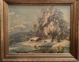 BEAUTIFUL OLD MASTERS WORK HOUSE IN A SNOWY FEILD AT THE RIVER OIL ON BOARD: BEAUTIFUL OLD MASTERS WORK HOUSE IN A SNOWY FEILD AT THE RIVER OIL ON BOARD 24 X 20 FRAMED IN HOUSE SHIPPING $75 FREE PICK UP