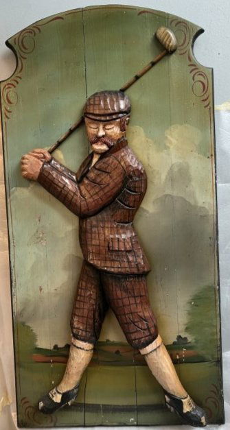 LARGE STUNNING VINTAGE GOLF SIGN, HAND CARVED 3 DIAMETRICAL GOLFER WITH SALES RECITE (1 of 5)