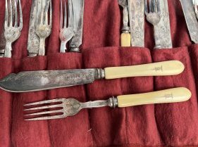 ANTIQUE VICTORIAN SILVER & BONE KNIVES & FORKS CIRCA 1895 JOSEPH ROGERS SHEFFIELD UK: ANTIQUE VICTORIAN SILVER & BONE KNIVES & FORKS CIRCA 1895 JOSEPH ROGERS SHEFFIELD UK. 16 PIECE THE FISH EATERS ARE BEAUTIFULLY HAND ENGRAVED TO THE FRONT AND ARE IN GOOD SHAPE. IN HOUSE SHIPPING $50 F
