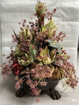 THEODORE ALEXANDER LARGE COPPER FOOTED JARDINIERE PLANTER WITH SILK FLOWERS 30" TALL 19" WIDE (1 of 4)