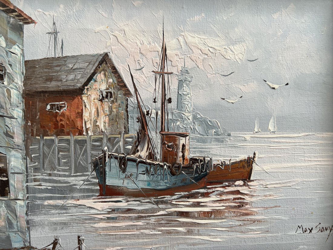 MAX SAVY ANTIQUE MODERN ABSTRACT BOAT HARBOR LANDSCAPE OIL PAINTING OLD SEASCAPE (1 of 8)