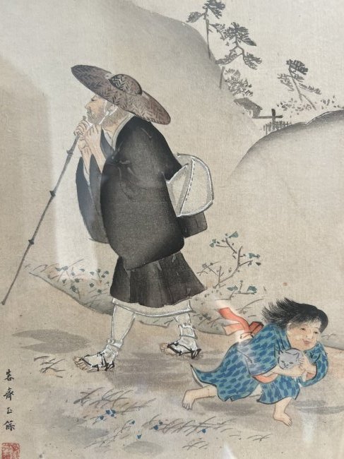 ANTIQUE JAPANESE WOODBLOCK PRINT , PRINTING BY A FAMOUS ARTIST AOKI TSUNSABURO: ANTIQUE JAPANESE WOODBLOCK PRINT , PRINTING BY A FAMOUS ARTIST AOKI TSUNSABURO FROM THE MEIJI ERA 1892 , IMAGE 6.75" X 9 FRAMED 14" X 17" IN HOUSE SHIPPING AVAILABLE OR FREE PICK UP