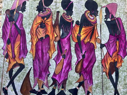 AFRICAN ART PAINTING FIVE WOMEN DRESSED WATER COLOR MIXED MEDIA ON FABRIC: AFRICAN ART PAINTING FIVE WOMEN DRESSED WATER COLOR MIXED MEDIA ON FABRIC LARGE , 59" X 52 . WE OFFER FREE PICK UP OR OUR IN-HOUSE PREFERRED SHIPPER IS UPS #4825 Starr Almeida 561-422-3305, CALL