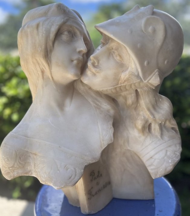 PAOLA AND FRANCESCA EMBRACED 19TH CENTURY ITALIAN WHITE CARRERA MARBLE STATUE (1 of 6)
