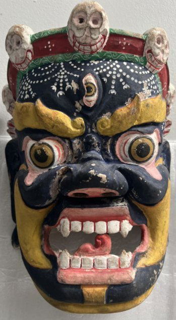 VINTAGE TIBETAN MAHAKALA WALL HANGING MASK HAND CARVED HAND PAINTED (1 of 5)