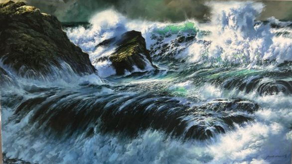 STUNNING OCEAN PAINTING BY KOREAN ARTIST SUKBUM H,  VERY LARGE CIRCA 1980s (1 of 7)