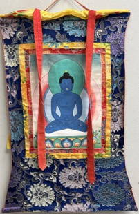 THE MEDICINE BUDDHA AND THE POWER OF HEALING , OIL ON PAPER AROUND FABRIC  BORDER WITH YELLOW VAIL: THE MEDICINE BUDDHA AND THE POWER OF HEALING , OIL ON PAPER AROUND EXTENSIVE FABRIC BORDER WITH YELLOW VAIL WALL HANGING ART 19" X 31" IN HOUSE SHIPPING AVAILABLE OR FREE PICK UP