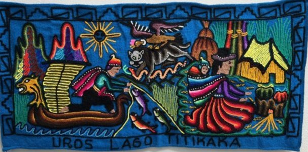 PERU THE UROS ISLANDS ARE FLOATING ON THE PERUVIAN SIDE OF LAKE TITICACA EMBROIDERY: PERU THE UROS ISLANDS ARE FLOATING ON THE PERUVIAN SIDE OF LAKE TITICACA EMBROIDERY 16" X 34" UNFRAMED IN HOUSE SHIPPING AVAILABLE OR FREE PICK UP