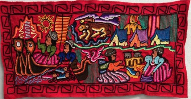 PERU THE UROS ISLANDS ARE FLOATING ON THE PERUVIAN SIDE OF LAKE TITICACA EMBROIDERY: PERU THE UROS ISLANDS ARE FLOATING ON THE PERUVIAN SIDE OF LAKE TITICACA EMBROIDERY 16" X 34" UNFRAMED IN HOUSE SHIPPING AVAILABLE OR FREE PICK UP