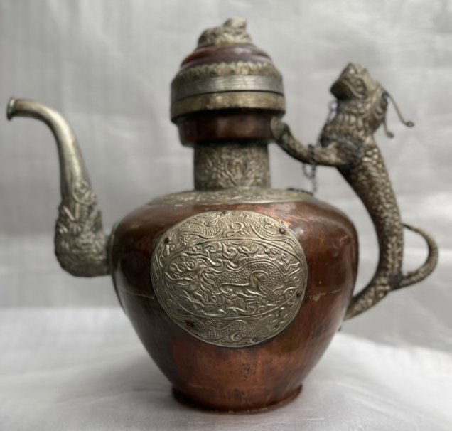 TIBETAN 1880-1900 BRASS AND SILVER WATER PITCHER OR WATER JUG (1 of 5)