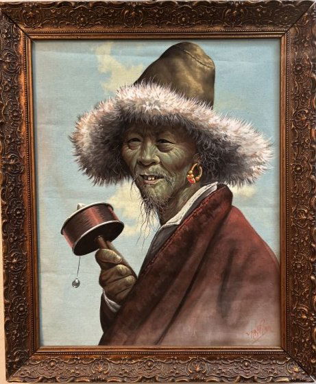 THE TIBETAN MEDICINE MAN YOU CAN FIND HIM RIGHT OVER THE MOUNTAIN OIL ON CANVAS: THE TIBETAN MEDICINE MAN YOU CAN FIND HIM RIGHT OVER THE MOUNTAIN OIL ON CANVAS, SIGNED BY THE TIBETAN ARTIST LOWER RIGHT IMAGE 20" X 16" FRAMED 19" X 24 IN HOUSE SHIPPING AVAILABLE OR FREE PICK UP