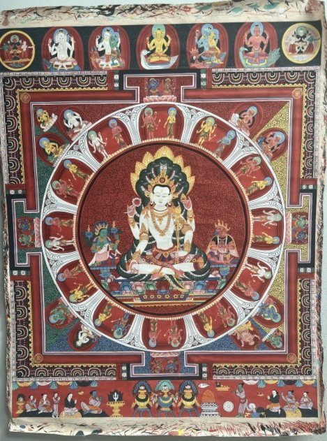 TRADITIONAL NEWAR PAINTING INDIAN GUPTA SCROOL BUDDHIST "WHERE THE GODS ARE STILL YOUNG": TRADITIONAL NEWAR PAINTING INDIAN GUPTA SCROOL BUDDHIST "WHERE THE GODS ARE STILL YOUNG", COMES WITH ATTACHED PAPER WORK, PAINTING ON CANVAS GLUED TO BACHER BOARD , IMAGE 31.875" X 41.25" CIRCA 1970s 
